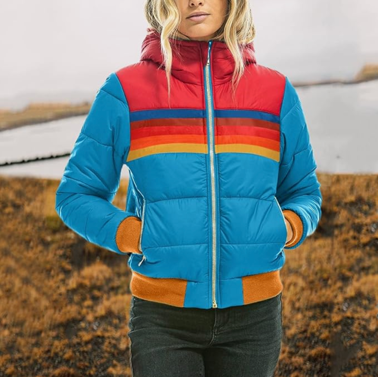 Women's Retro Striped Puffer Jacket Blue