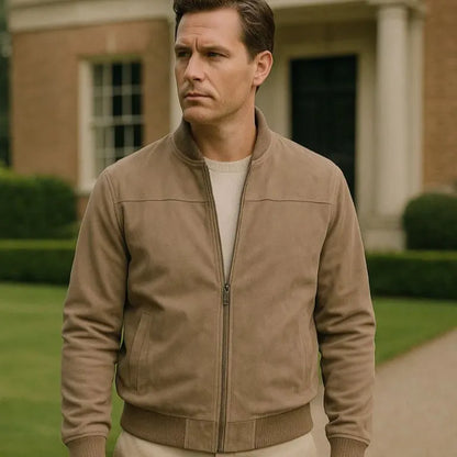 Men's Lightweight Casual Bomber Jacket with Ribbed Collar & Zipper