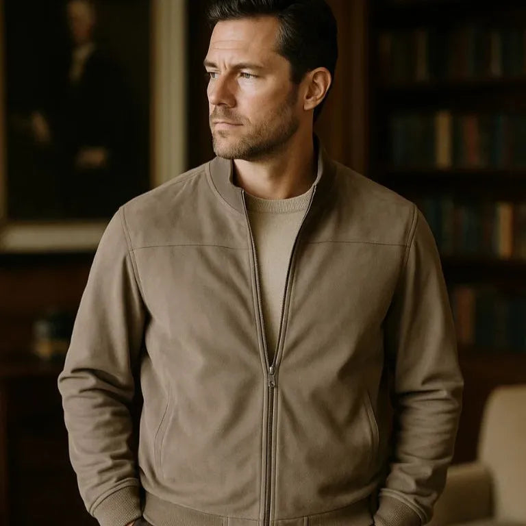 Men's Lightweight Casual Bomber Jacket with Ribbed Collar & Zipper