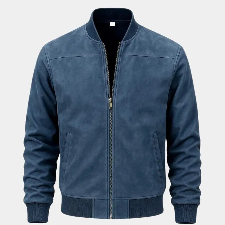 Men's Lightweight Casual Bomber Jacket with Ribbed Collar & Zipper Blue
