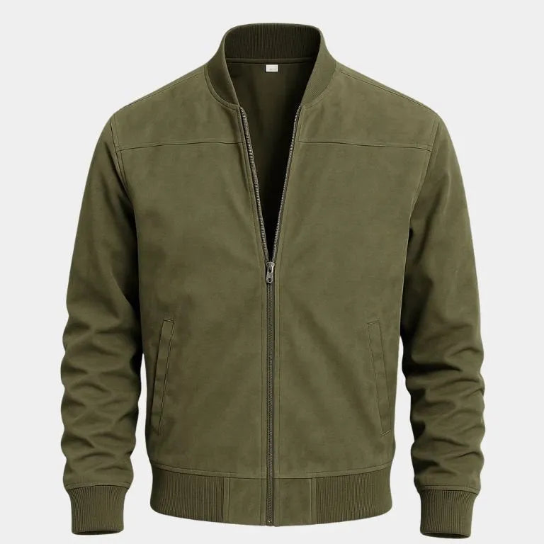 Men's Lightweight Casual Bomber Jacket with Ribbed Collar & Zipper Green