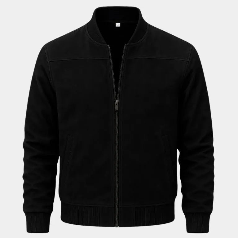 Men's Lightweight Casual Bomber Jacket with Ribbed Collar & Zipper Black