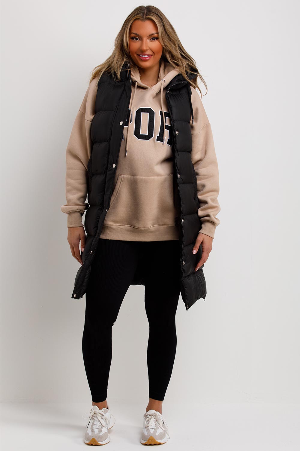 Women's Black Hooded Longline Padded Gilet Vest