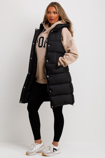 Women's Black Hooded Longline Padded Gilet Vest
