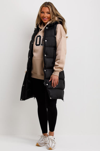 Women's Black Hooded Longline Padded Gilet Vest