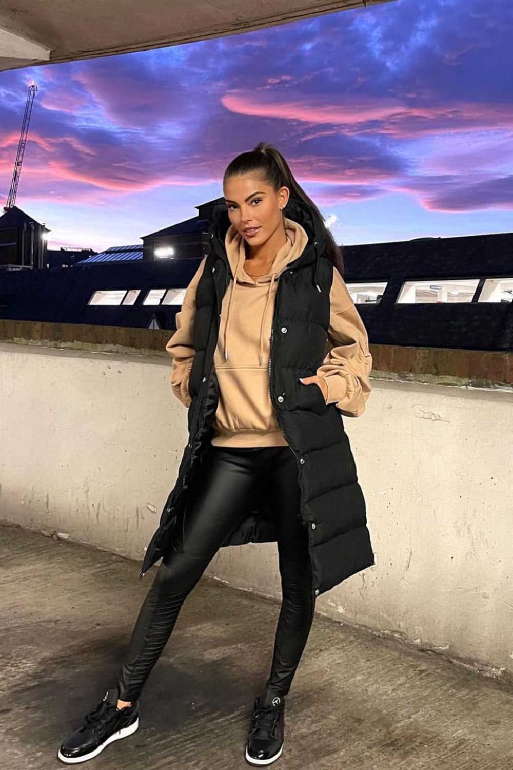 Women's Black Hooded Longline Padded Gilet Vest