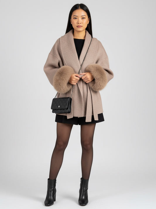 Women's Elegant Belted Faux Fur Cuff Coat Beige