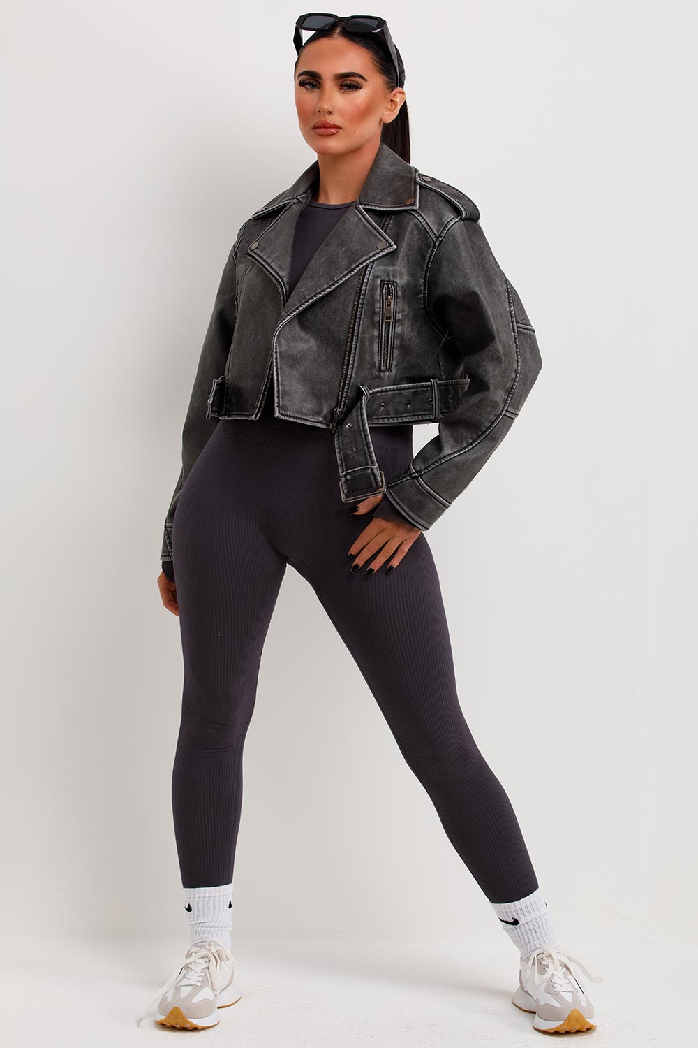 Women's Grey Faux Leather Cropped Biker Jacket