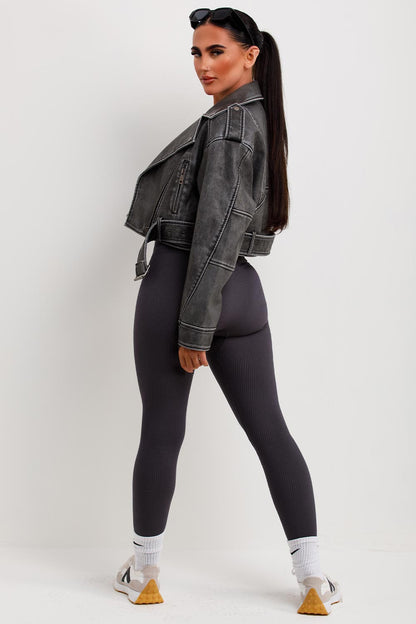 Women's Grey Faux Leather Cropped Biker Jacket