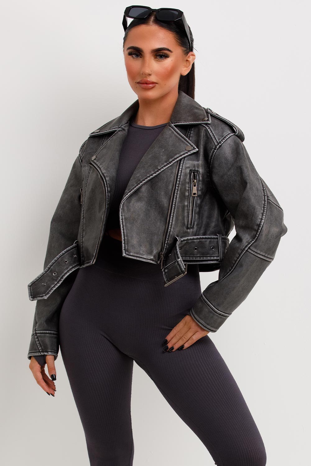 Women's Grey Faux Leather Cropped Biker Jacket