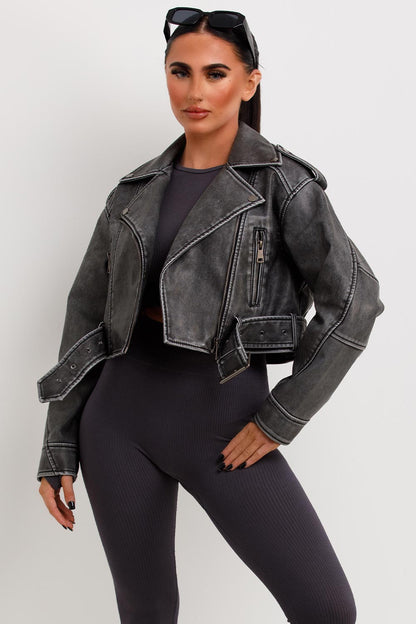 Women's Grey Faux Leather Cropped Biker Jacket