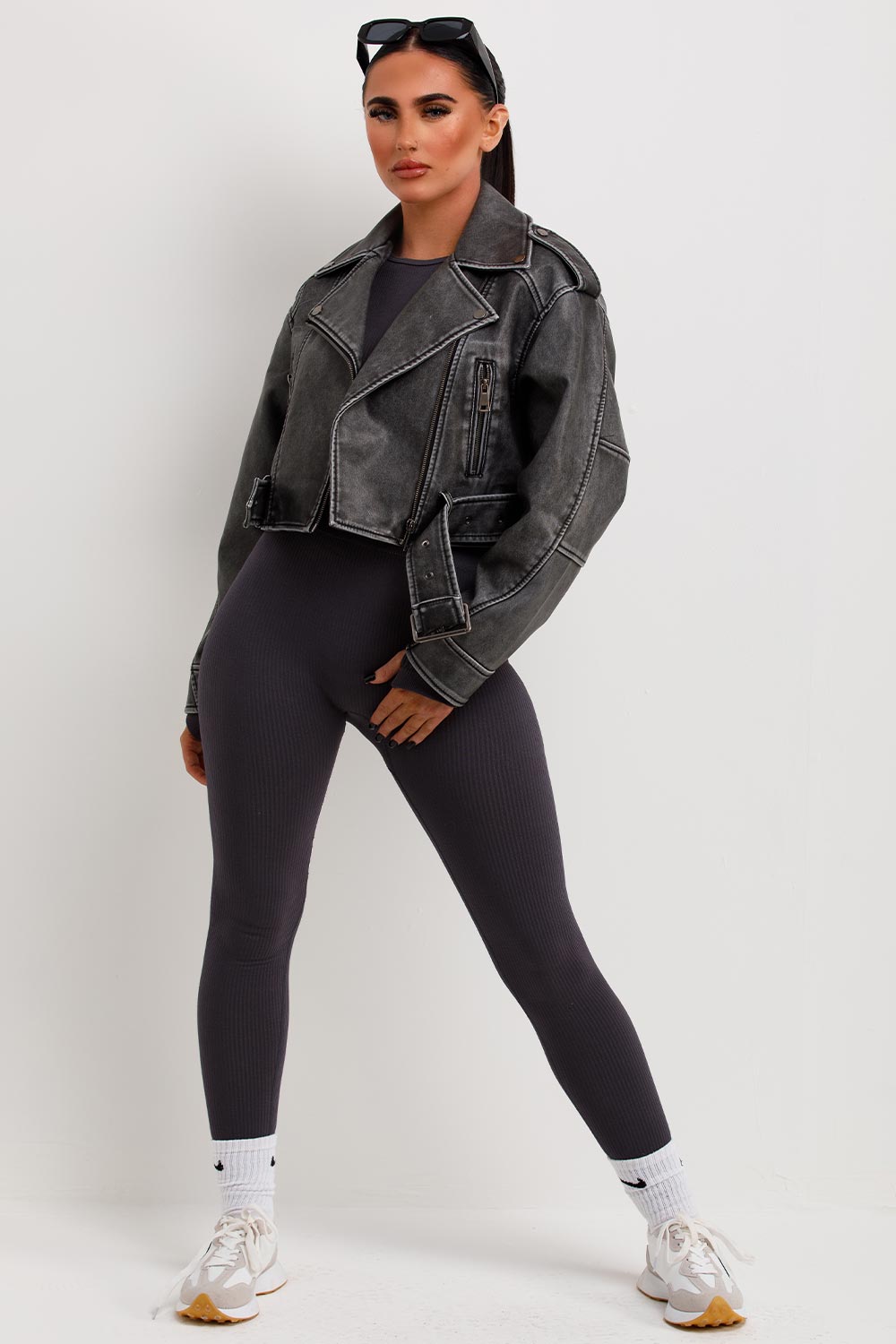 Women's Grey Faux Leather Cropped Biker Jacket