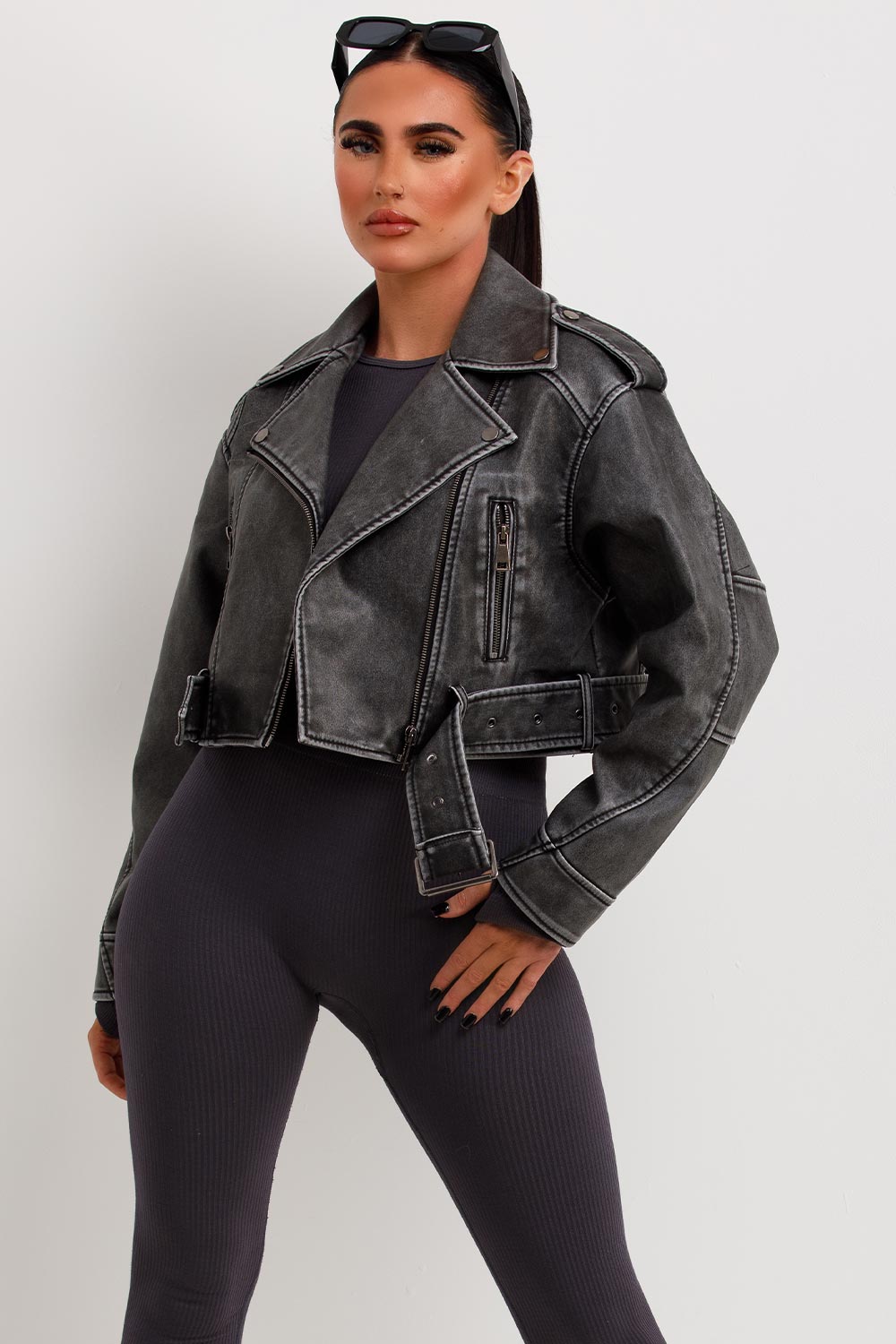 Women's Grey Faux Leather Cropped Biker Jacket