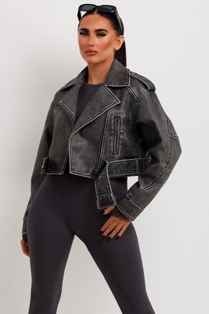 Women's Grey Faux Leather Cropped Biker Jacket