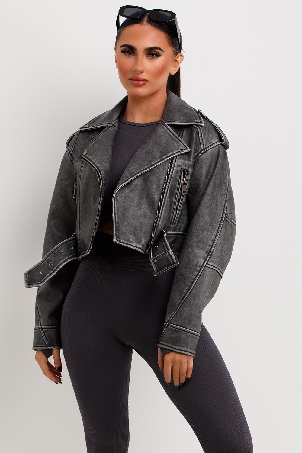 Women's Grey Faux Leather Cropped Biker Jacket