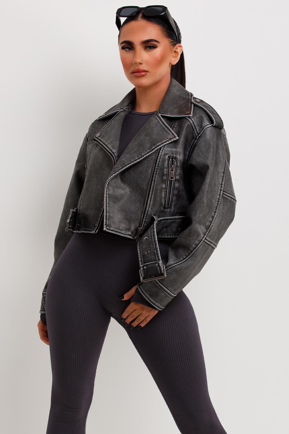 Women's Grey Faux Leather Cropped Biker Jacket