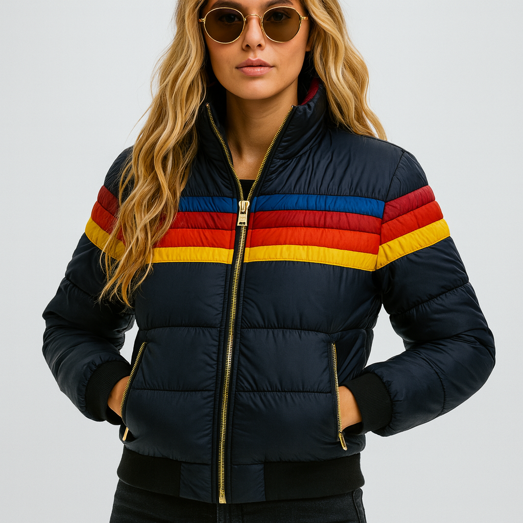 Women's Retro Striped Puffer Jacket Black