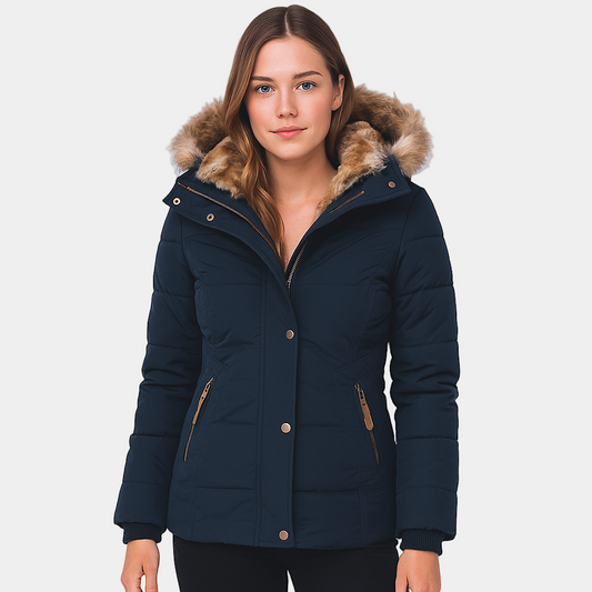 Women’s Winter Puffer Jacket | Fur Hood Insulated Waterproof Coat Navy